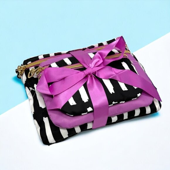 NWT Trina Set of 3 PCs Cosmetic Makeup Bag Cases Black & White Stripes Pink - Picture 1 of 9